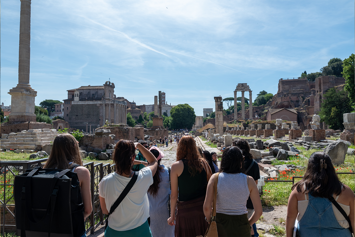 The backs of students as they overlook the Roman Forum.