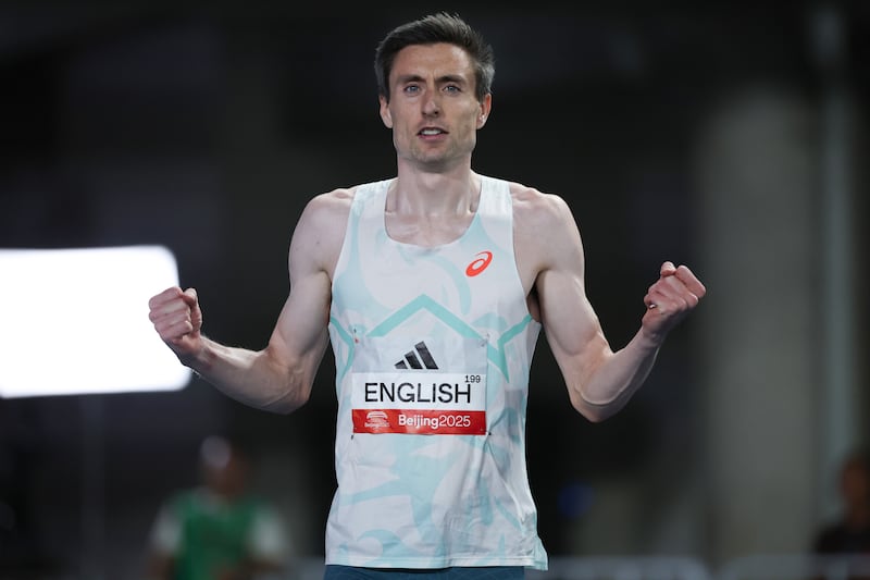Mark English reacts after winning the men's 800m during the World Athletics Continental Tour Gold Beijing 2025. Photograph: Lintao Zhang/ Getty Images