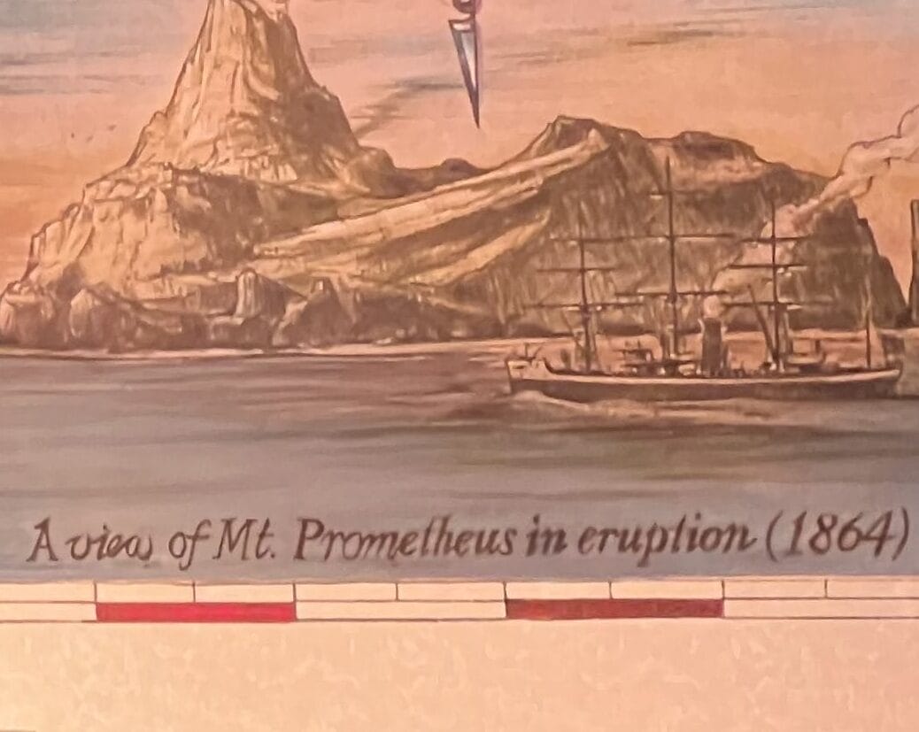 A drawing of a ship by erupting Mount Prometheus, Tokyo Disneyland’s map designation, with the year 1864 below.