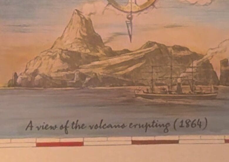 Illustration of Mount Prometheus erupting near a ship, with a compass and map designation, at Tokyo Disneyland (1864).
