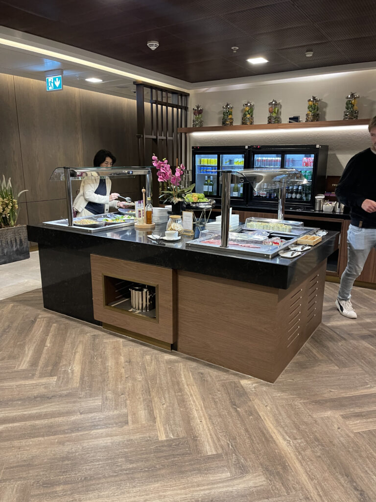 A buffet in the Singapore Airlines lounge at Heathrow.