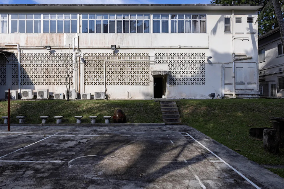 A hard court in front of the hospital’s Block 19, where an archaeological excavation took place in 2021. The block will be part of the hospital’s future community space called Village Square.