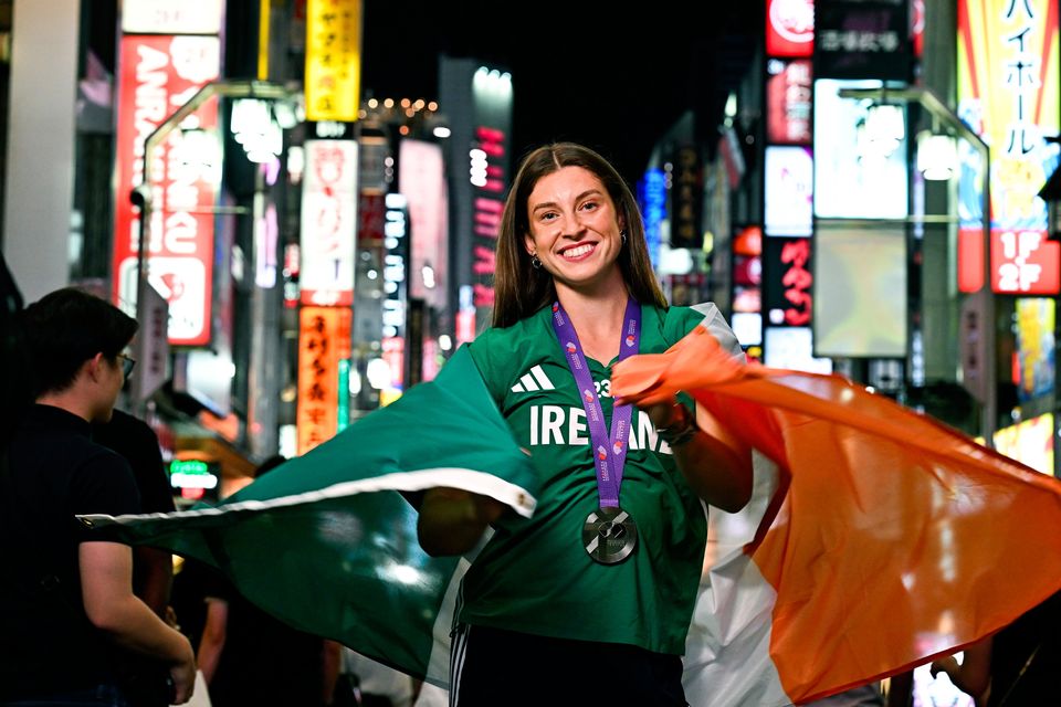Kate O'Connor poses for a portrait with her women's heptathlon silver medal during day nine of the World Athletics Championships in Tokyo. Photo: Barnes/Sportsfile