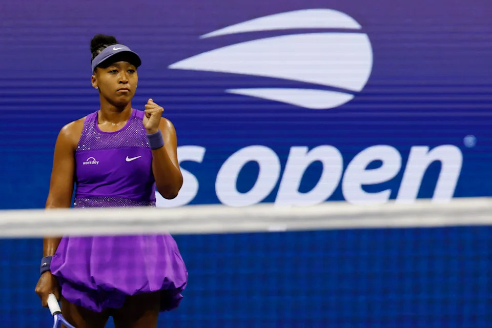 Sep 4, 2025; Flushing, NY, USA; Naomi Osaka (JPN) reacts after winning a point against Amanda Anisimova (USA) (not pictured) in a women's singles semifinal of the 2025 US Open tennis championships at USTA Billie Jean King National Tennis Center. Mandatory Credit: Geoff Burke-Imagn Images