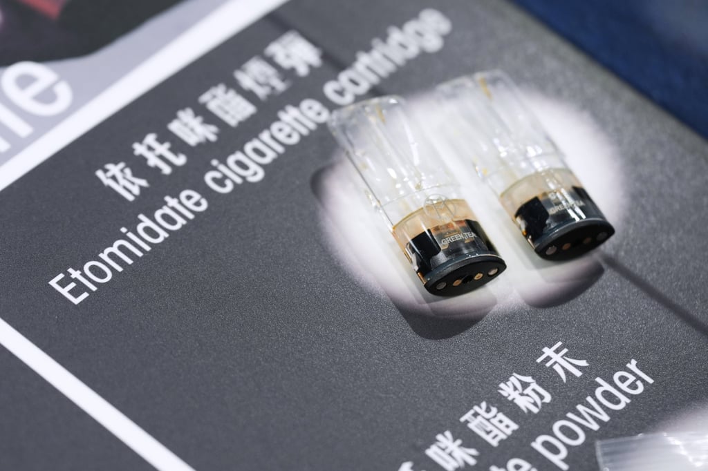 A sample of etomidate vape cartridges is displayed at Hong Kong police headquarters in Wan Chai earlier this year. Photo: Eugene Lee