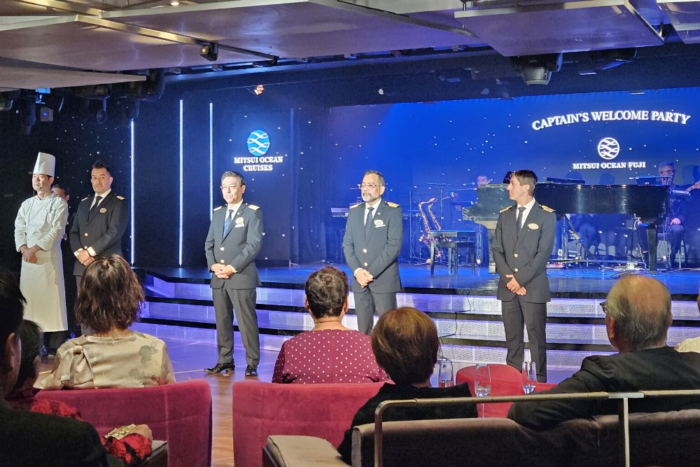officers onboard mitsui ocean fuji during the captain's welcome party