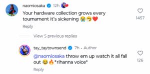 Screengrab of Naomi Osaka and Taylor Townsend's comment on Instagram (@tay_taytownsend)