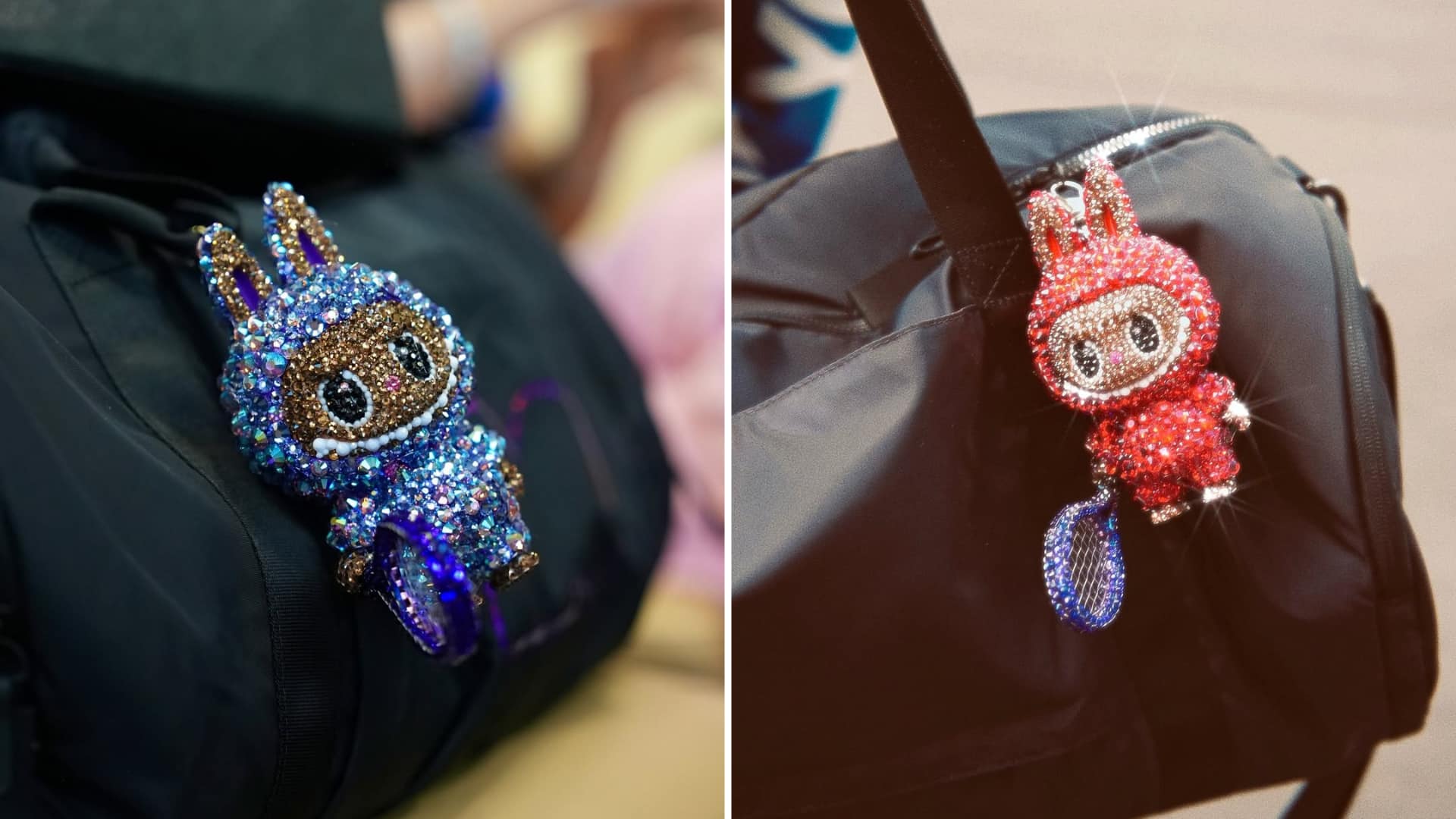 Two crystal-incrusted labubus. 