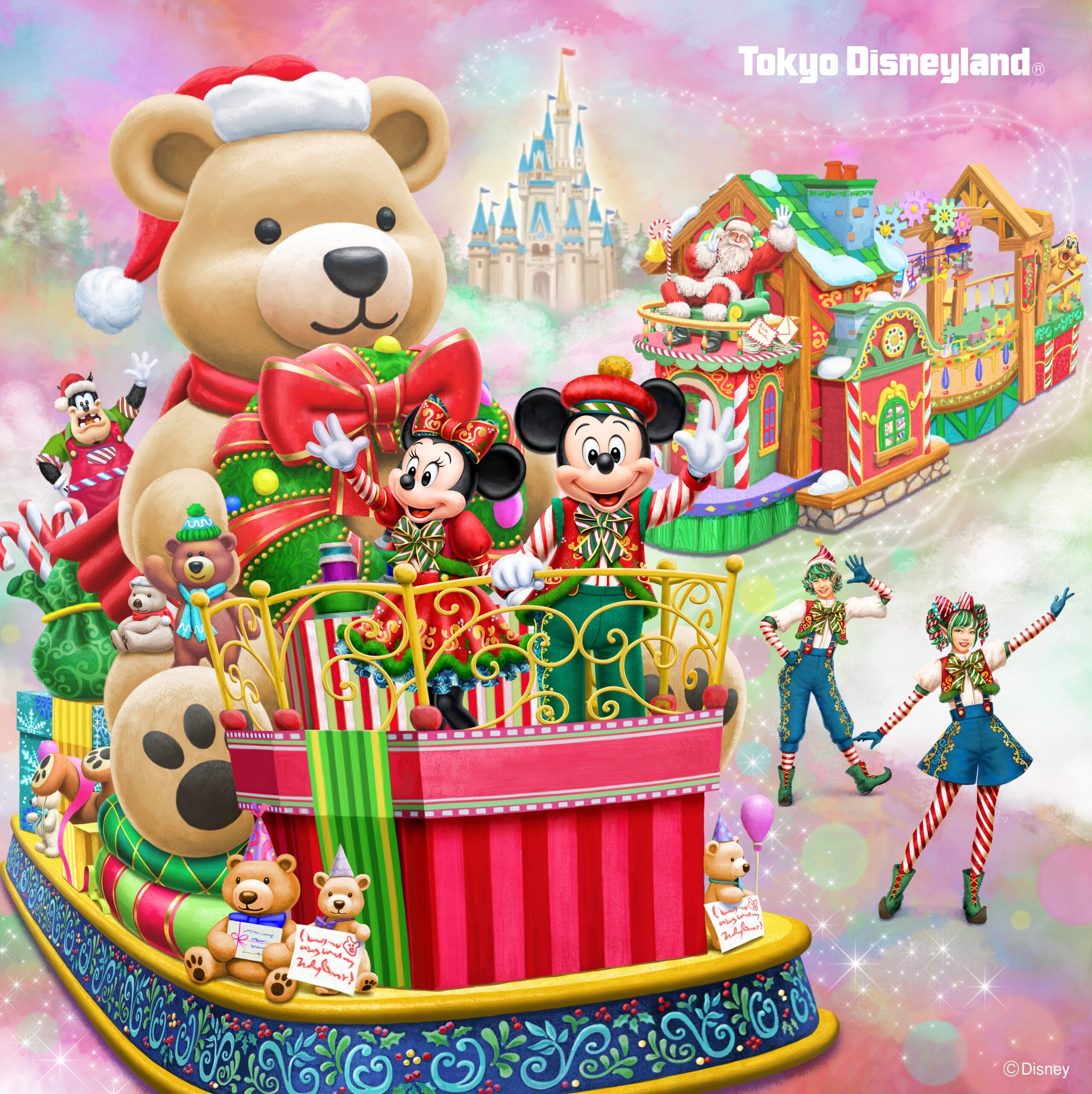 Mickey and Minnie in Christmas outfits on a festive Tokyo Disneyland Christmas Parade float with a giant teddy bear.