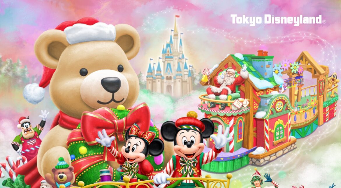 First Look at Concept Art for New Tokyo Disneyland Christmas Parade Mickey and Minnie in Christmas outfits wave beside a giant teddy bear during the Tokyo Disneyland Christmas Parade.