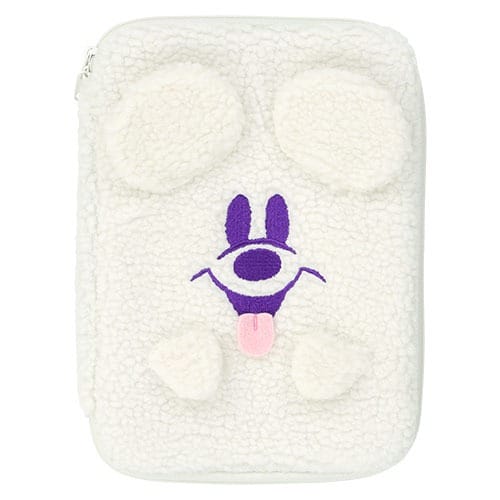 White fluffy pouch from Tokyo Disney Resort 2025 Halloween Merchandise with playful face, purple eyes, and raised paw.