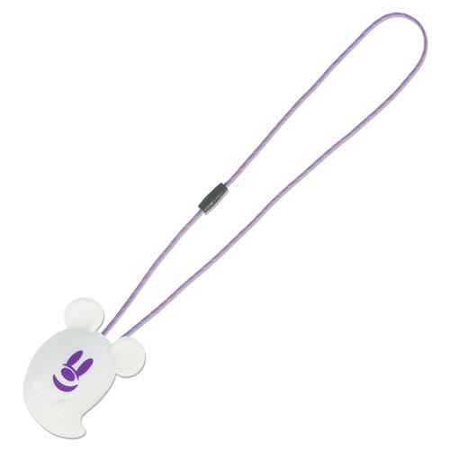 White ghost-shaped charm with bear ears, a purple face, and a purple strap—Tokyo Disney Resort Halloween 2025 merchandise.