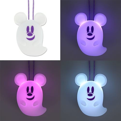 A ghost-shaped Mickey Mouse light pendant from Tokyo Disney Resort’s 2025 Halloween merchandise in four glowing hues.