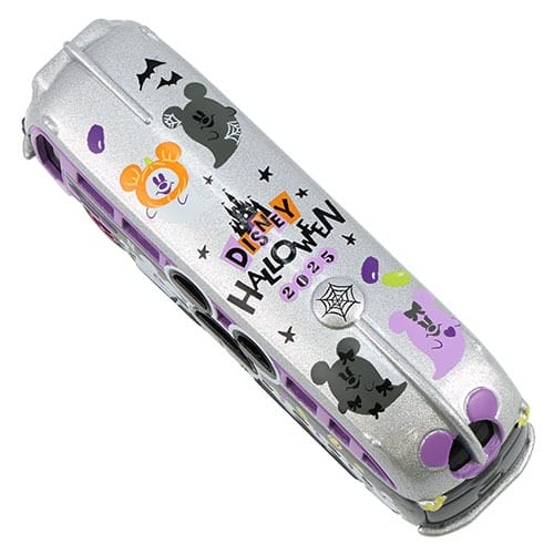 Silver toy car with Disney Halloween 2023 designs from Tokyo Disney Resort, featuring Mickey, bats, pumpkins, and spiderwebs.
