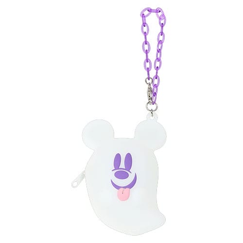 White ghost-shaped pouch with mouse ears, a purple face, and a chain—Tokyo Disney Resort 2025 Halloween merchandise.