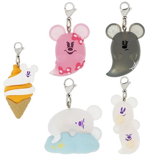 Five cute ghost mouse keychains from Tokyo Disney Resort's 2025 Halloween Merchandise, each with unique themed designs.