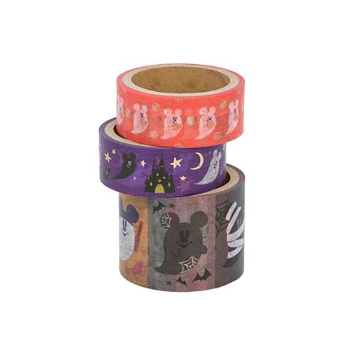 Three rolls of decorative washi tape with cute Halloween 2025 designs from Tokyo Disney Resort, featuring ghosts and bats.