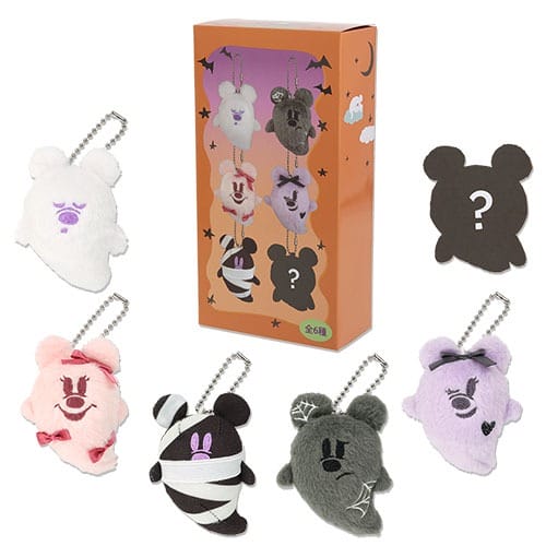 Box with 5 plush bear keychains in Tokyo Disney Resort 2025 Halloween merchandise; one mystery bear as a silhouette.