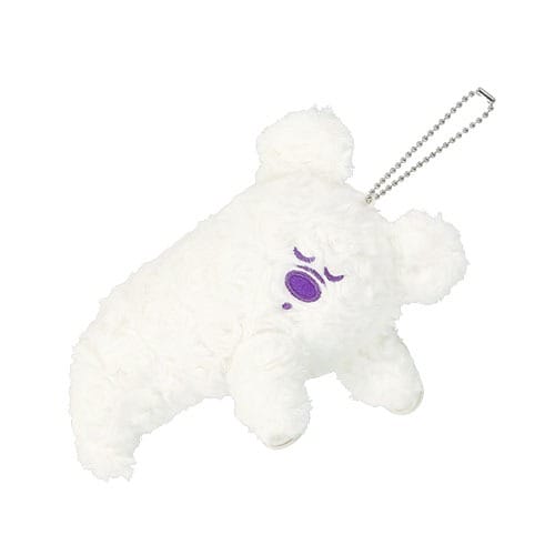 Plush white bear keychain with closed eyes, purple nose, and metal ball chain—Tokyo Disney Resort 2025 merchandise.