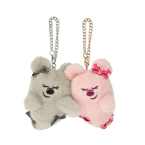 Two plush bear keychains from Tokyo Disney Resort, one gray and one pink with bows—cute 2025 Halloween merchandise!