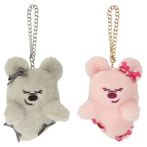 Two plush bear keychains from Tokyo Disney Resort 2025 Halloween Merchandise, both with bows and sleepy faces.