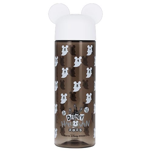 A clear bottle with ghost and bear faces, mouse ear lid, and Tokyo Disney Resort Halloween Merchandise 2025 text on front.