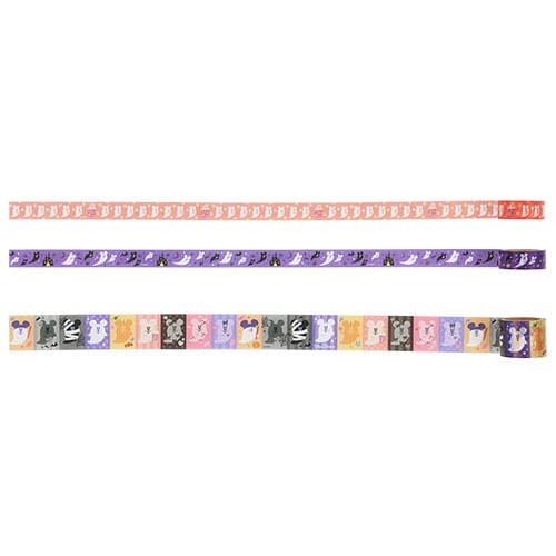 Three decorative tape rolls from Tokyo Disney Resort’s 2025 Halloween merchandise feature vibrant Disney character designs.