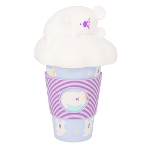 A pastel blue cup with a purple sleeve, inspired by Tokyo Disney Resort, features a white bear on a cloud-shaped lid.