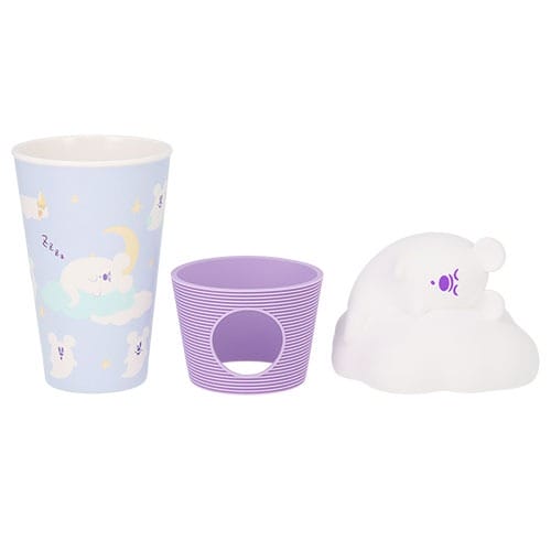 Pastel cup with cloud and moon designs, purple striped holder, white bear lid—Tokyo Disney Resort Halloween merchandise.