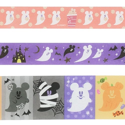 Three colorful strips of tape from Tokyo Disney Resort 2025 Halloween Merchandise feature Mickey-shaped ghosts and spooky designs.