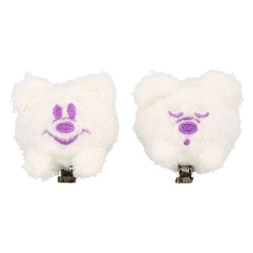 Two fluffy white hair clips with purple embroidered bear faces from Tokyo Disney Resort's 2025 Halloween Merchandise.