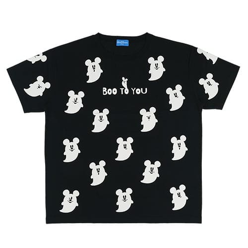 Black T-shirt from Tokyo Disney Resort’s 2025 Halloween Merchandise with Mickey ghost patterns and "BOO TO YOU" text.