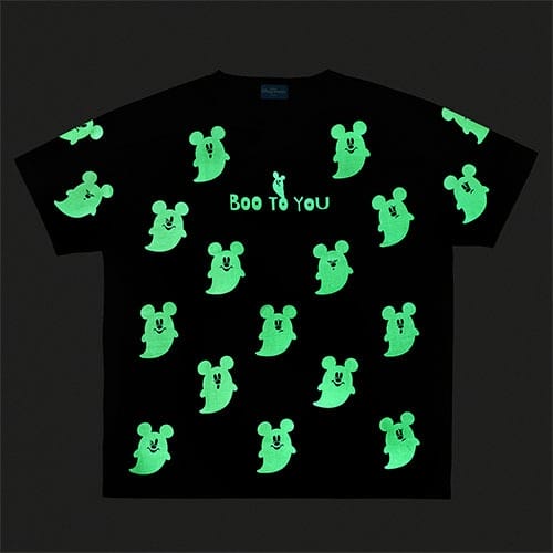 Black T-shirt from Tokyo Disney Resort’s 2025 Halloween Merchandise with glowing green Mickey Mouse ghosts and "Boo to You.