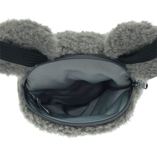 Open gray furry bag with zipper, part of 2025 Halloween Merchandise at Tokyo Disney Resort, on white background.