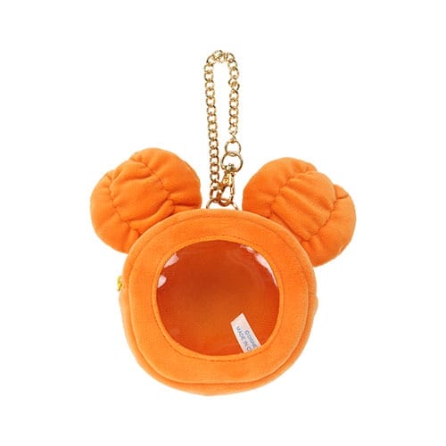 Orange plush coin purse shaped like a bear’s head from Tokyo Disney Resort, with clear front window and gold chain for hanging.
