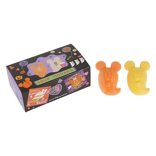 Box with Tokyo Disney Resort 2025 Halloween art and two Mickey-shaped soup monaka snacks, one orange and one yellow.