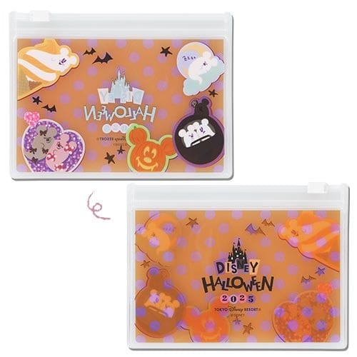 Two orange 2025 Halloween Merchandise cases from Tokyo Disney Resort featuring cute characters and treats on polka dots.