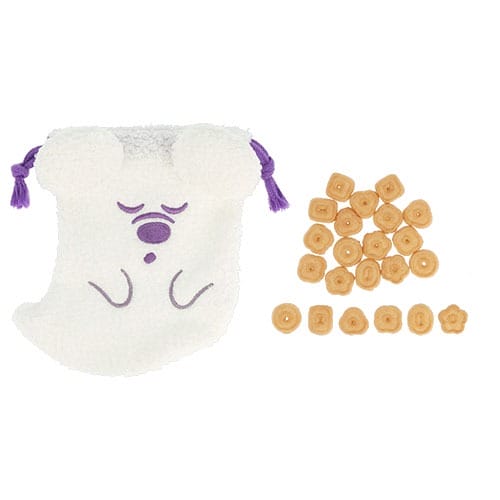 A white bear-shaped pouch with purple drawstrings—part of the 2025 Halloween merchandise at Tokyo Disney Resort.