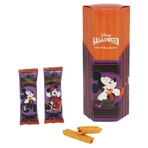 2025 Halloween Merchandise at Tokyo Disney Resort: Mickey Mouse snack tin with two wrapped and two unwrapped wafer treats.