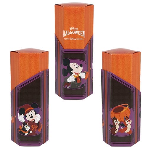 Three orange and purple Tokyo Disney Resort Halloween containers featuring Mickey, Minnie, Chip, and Dale in festive costumes.