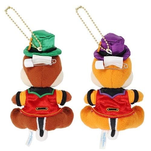 Two plush animal keychains in colorful costumes from Tokyo Disney Resort 2025 Halloween Merchandise, shown from the back.