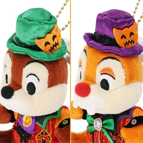 Two chipmunk plush toys in Halloween costumes, part of the 2025 Halloween merchandise at Tokyo Disney Resort.