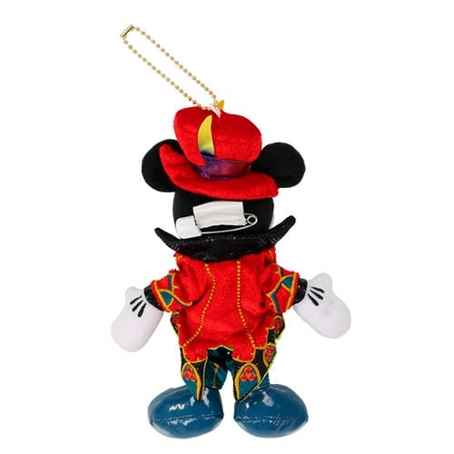 Plush keychain of a mouse in red hat and blue shoes, holding a mustache—exclusive 2025 Halloween Tokyo Disney Resort merchandise.