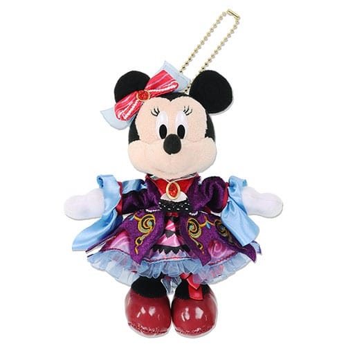 Plush Minnie Mouse keychain in a fancy purple dress, part of 2025 Halloween merchandise from Tokyo Disney Resort.