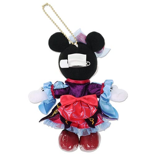 Plush keychain of a cartoon mouse in a colorful dress and red shoes, part of Tokyo Disney Resort 2025 Halloween Merchandise.