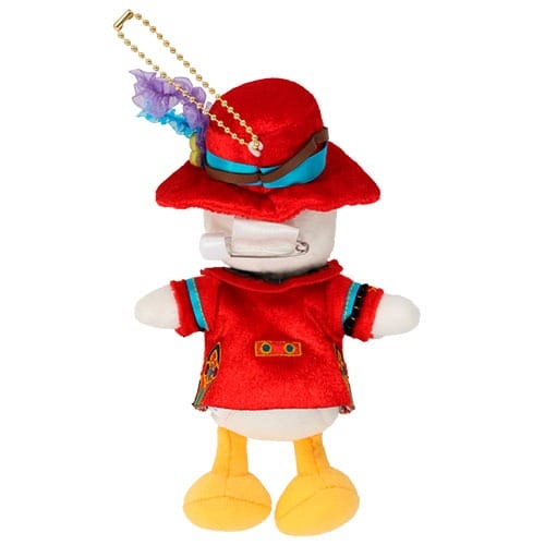 Plush duck in red hat, coat, yellow shoes—Tokyo Disney Resort 2025 Halloween merchandise, back view.