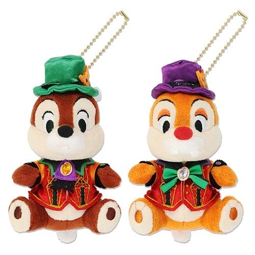 Two plush chipmunk toys in magician costumes—2025 Halloween merchandise from Tokyo Disney Resort with keychains.
