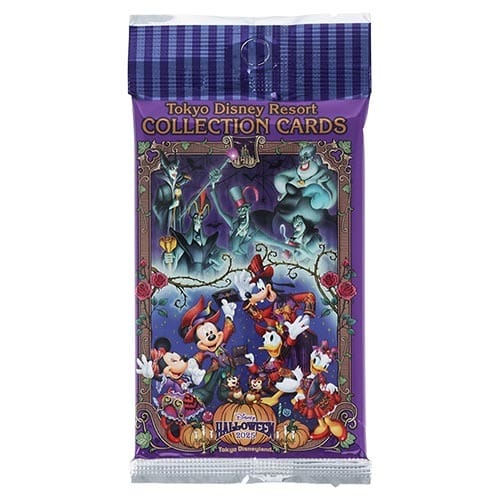 Purple Tokyo Disney Resort 2025 Halloween merchandise card pack with Disney characters in spooky costumes and decorations.