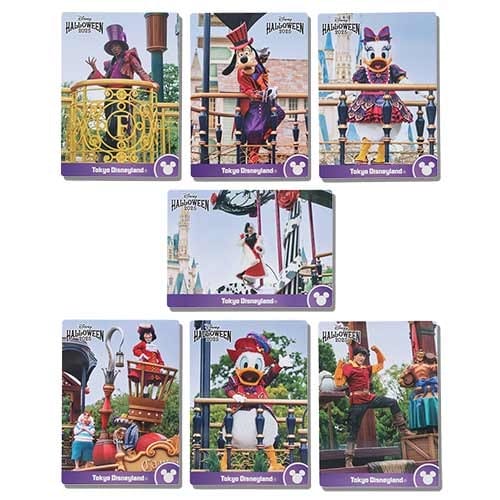 Seven Tokyo Disney Resort Halloween cards for 2025, each featuring Disney characters in costume on a purple background.