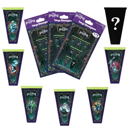 Eight villain-themed cups and three purple packs from Tokyo Disney Resort 2025 Halloween merchandise are displayed.